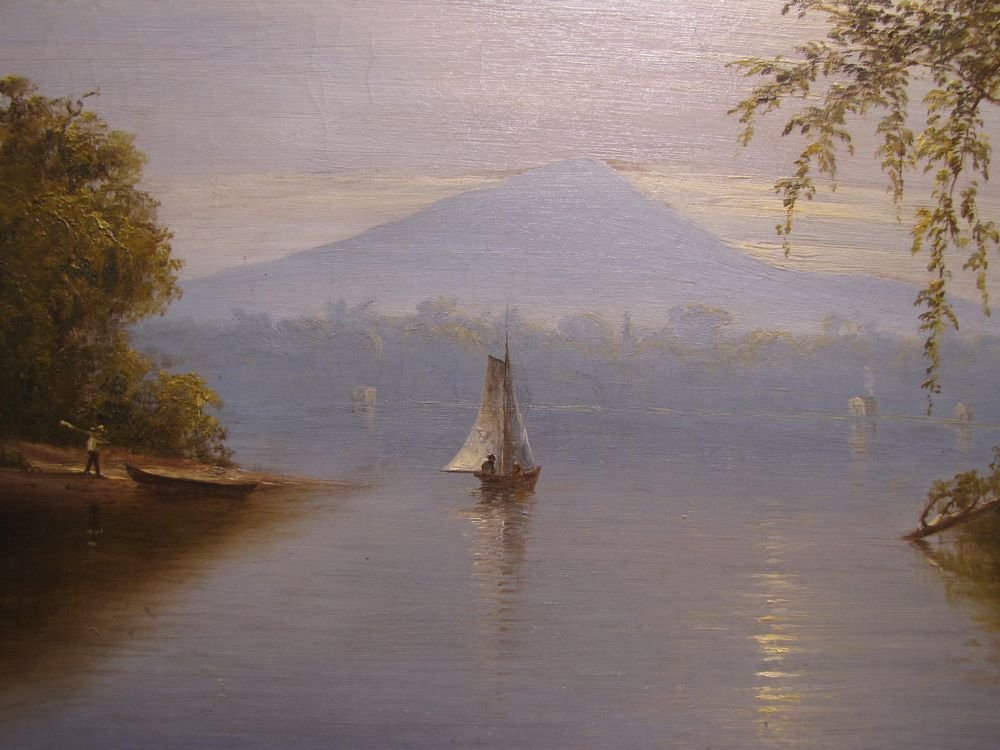 "View of Sugarloaf Mountain on the Hudson River with Sailboat" was painted by Norton Bush (1834-1894), and dated 1874.